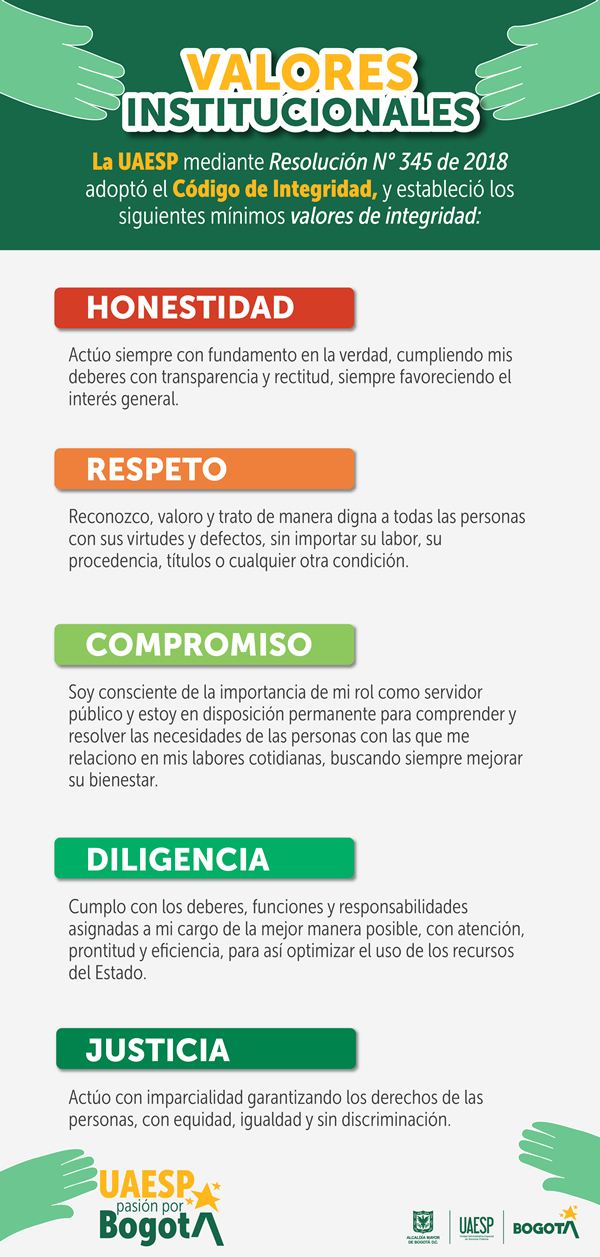 En la imagen de forma vertical se muestran los valores Institucionales: Honestidad, Respeto, Compromiso, Diligencia y Justicia.