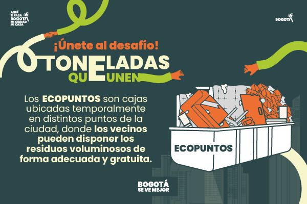 Pieza gráfica del reto #ToneladasQueUnen, que invita a la ciudadanía a usar los ecopuntos para disponer de manera adecuada y gratuita residuos voluminosos como muebles y colchones, evitando que lleguen al espacio público.