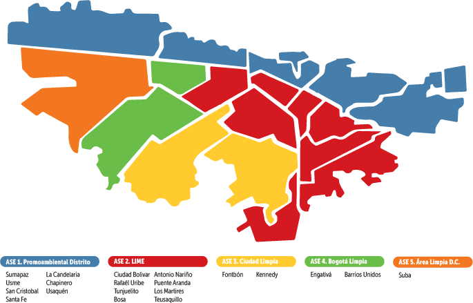 En la imagen: Mapa de Bogotá en el cual se identifican por colores la cobertura del servicio de aseo de los operadores.