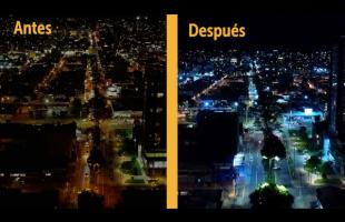 Imagen aérea del antes y el después del alumbrado público de la Avenida Chile con Carrera 24.