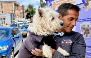 Perro blanco con su amo