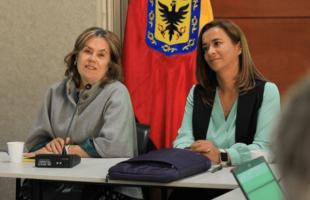 Directora de la UAESP acompañada de la Consejera de Relaciones Internacionales saludando al auditorio.