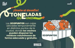 Pieza gráfica del reto #ToneladasQueUnen, que invita a la ciudadanía a usar los ecopuntos para disponer de manera adecuada y gratuita residuos voluminosos como muebles y colchones, evitando que lleguen al espacio público.